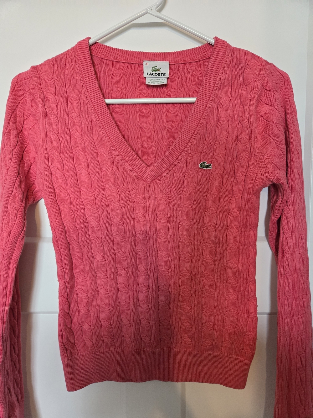 Lacoste Women's Pink Cable-Knit V-Neck Sweater